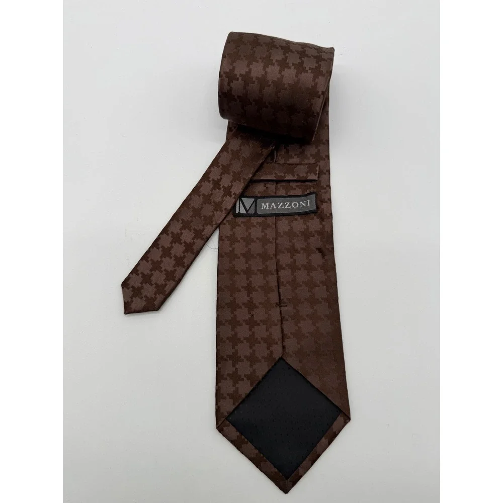 Mazzoni Mens Silk‎ Tie Brown Houndstooth Pattern Jacquard Formal Business